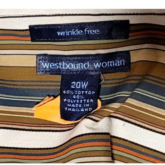 Westbound Woman 20W Plus Wrinkle Free Button Up Tan Navy Cream Stripe 3/4 Sleeve - Picture 4 of 6